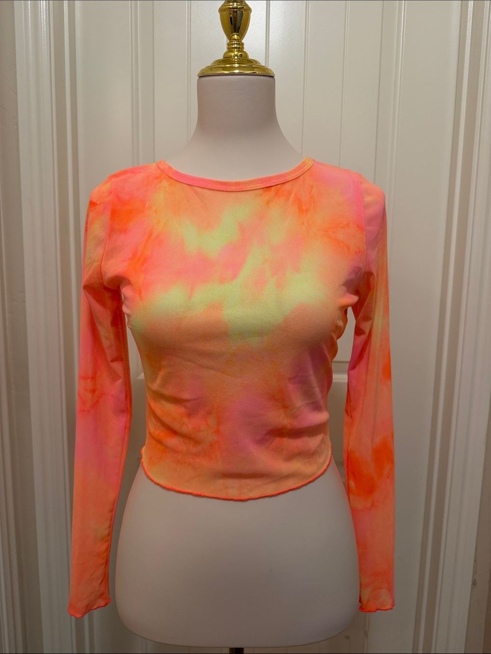 Neon Tie-Dye Long Sleeve Crop Tee - Pink/Orange mesh